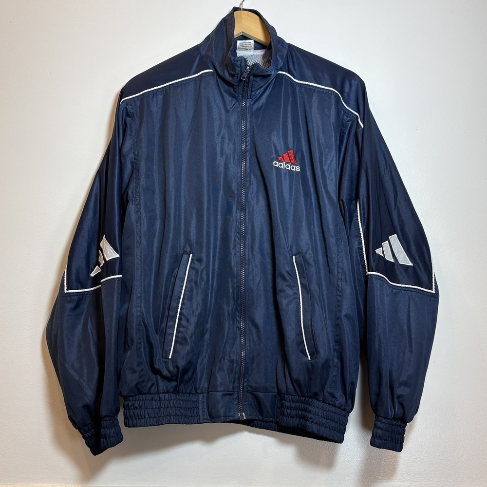 Vintage Adidas Windbreaker Jacket Mens L Navy Blue Full Zip Mesh Lined Y2K Retro